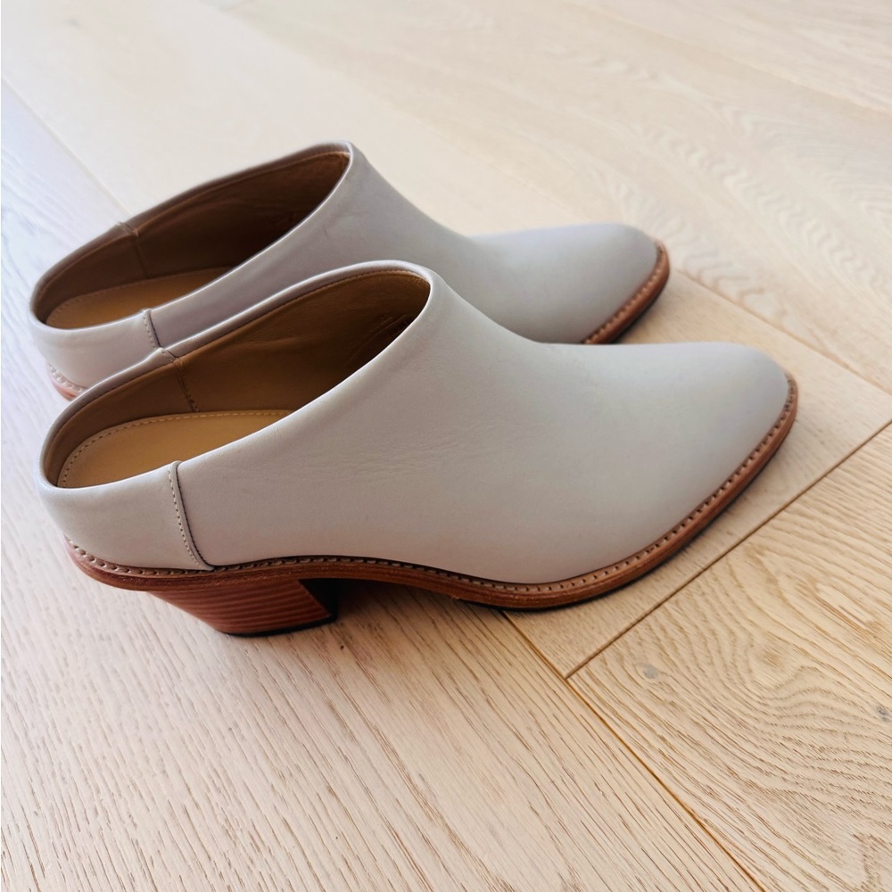 Poppy Barley Light Gray Leather Mules with Brown Stacked Heel